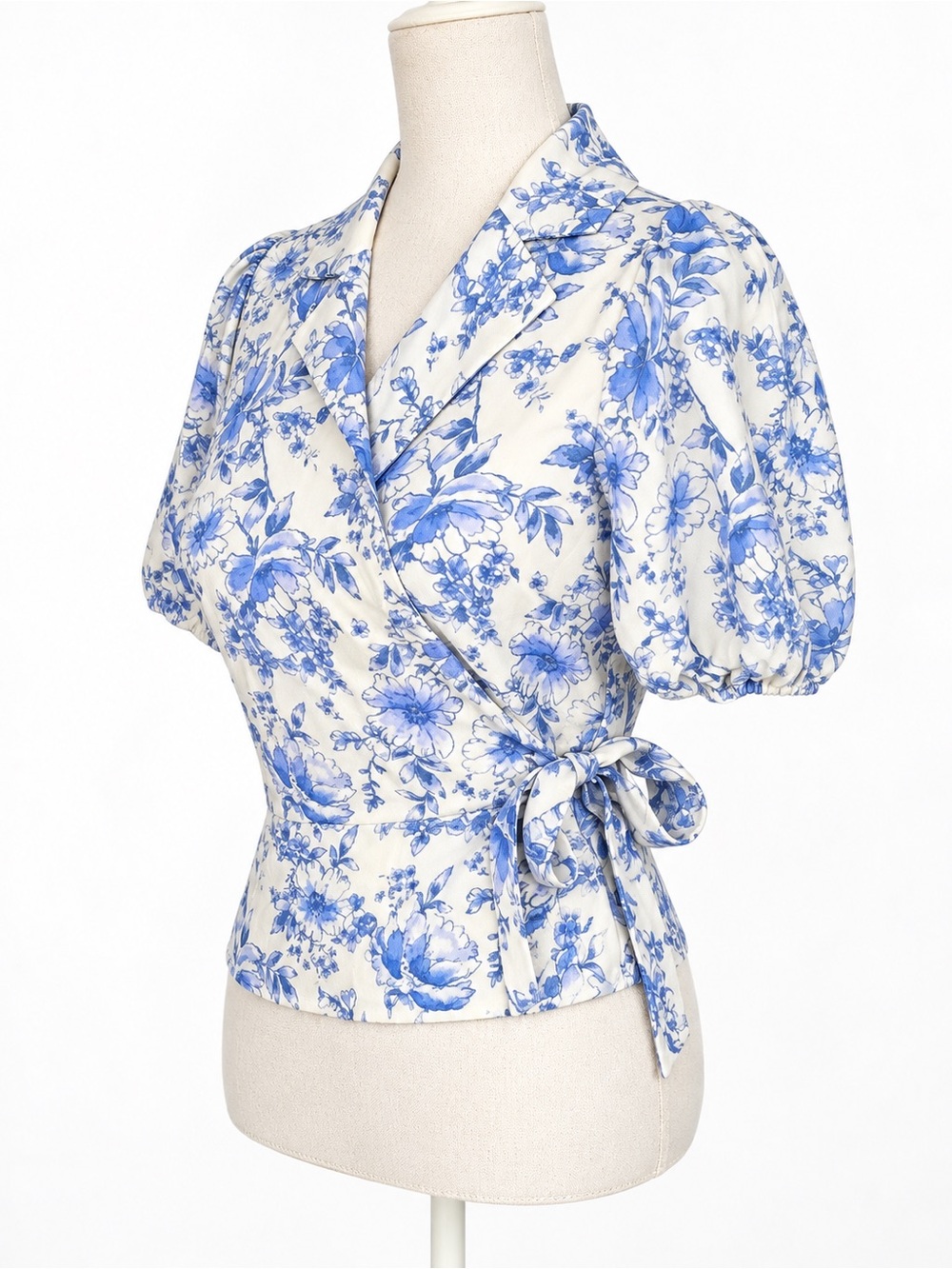 Blue Floral Wrap Puff-Sleeve Top NWT - Picture 2 of 5